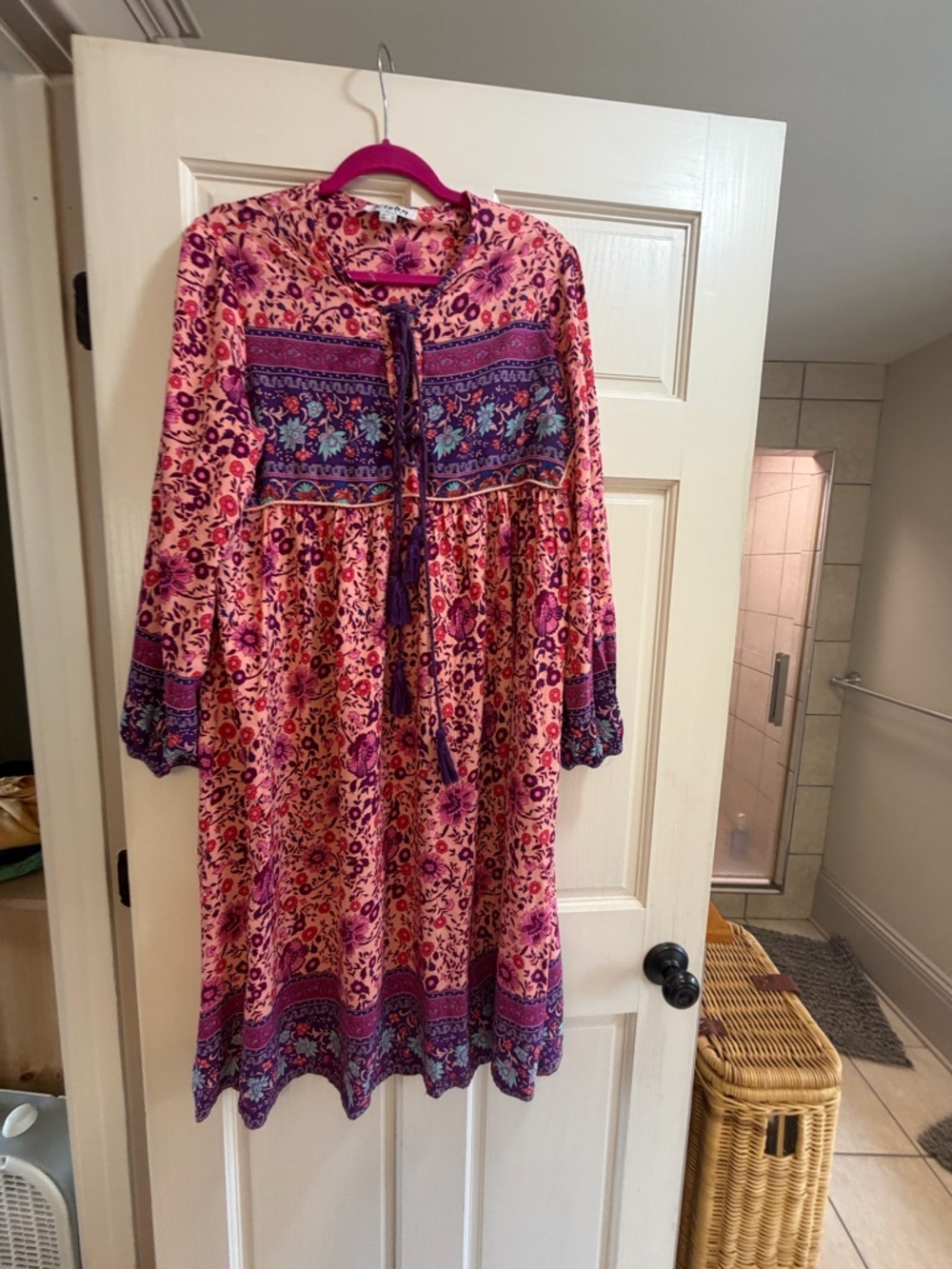 Pink Floral Embroidered Tie-Front Long Sleeve Midi Dress